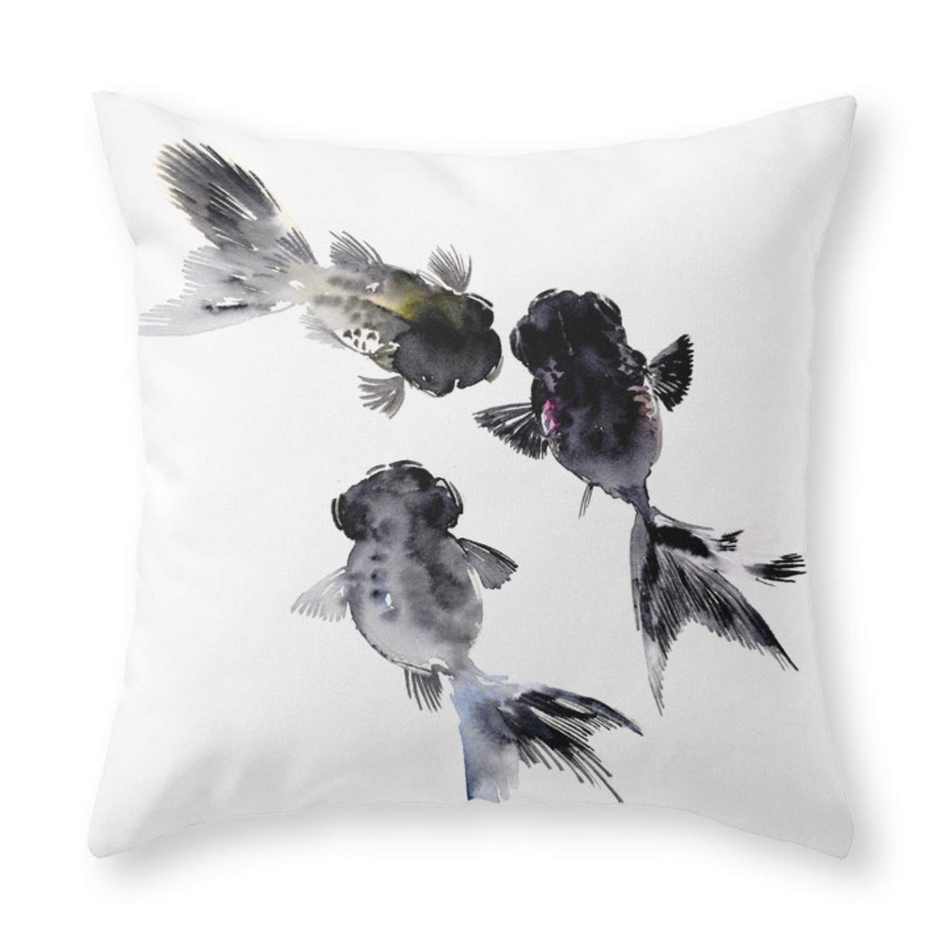 Throw Pillow Case, Black Moor Feng Shui Koi Fish Art Three Fish Black Fish Decor Standard Cushion Cover Double Sided Pillowcase Throw Pillow Cover For Living Room Couch Home Decor 45X45Cm