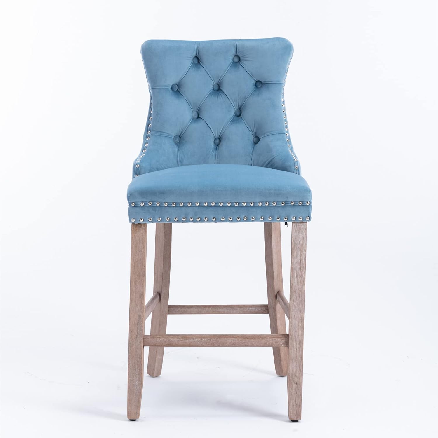 Ball & Cast Velvet Upholstered Wingback Bar Stools Set of 2, Button Tufted Counter Height Bar Stool Chairs with Nailhead Trim&Handle Ring, Padded Kitchen Island Barstools w/Wood Frame, Light Blue