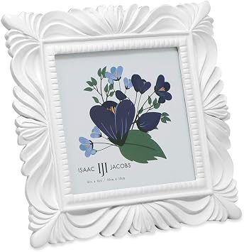 Isaac Jacobs 4x4 White Wave Textured Hand-Crafted Resin Picture Frame with Easel & Hook for Tabletop & Wall Display, Decorative Swirl Design Home Decor, Photo Gallery, Art, More 4x4, White