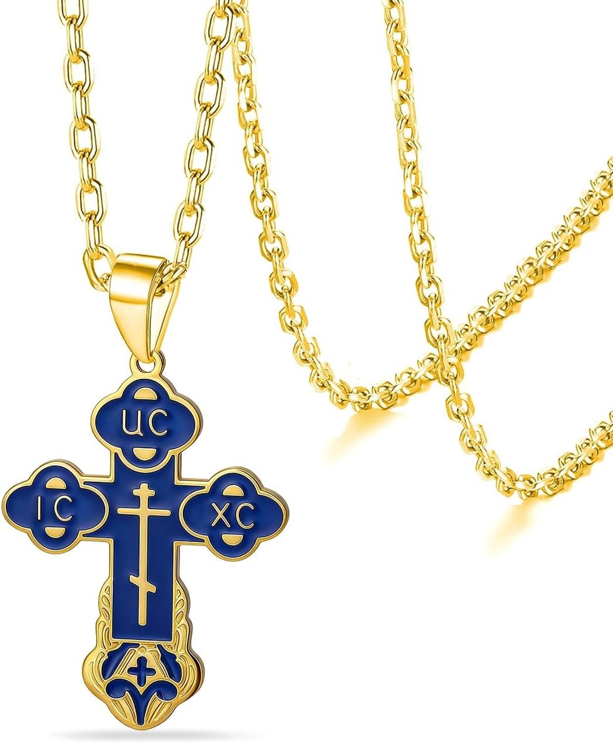 Wuufake Men Women Orthodox Christian Crucifix Cross Necklace Stainless Steel Russian Byzantine Cross Pendant Jesus Christ Elegant Religious Jewelry Gift for Him Her, G-Blue