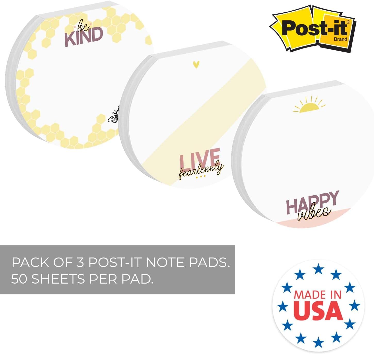 Kindness Sticky Note Pad Assortment/Set of 3 Round Flat Top Motivational Note Pads / 3.5" Be Kind Sticky Notes / 50 Sheets Per Pad/Made in USA image 2