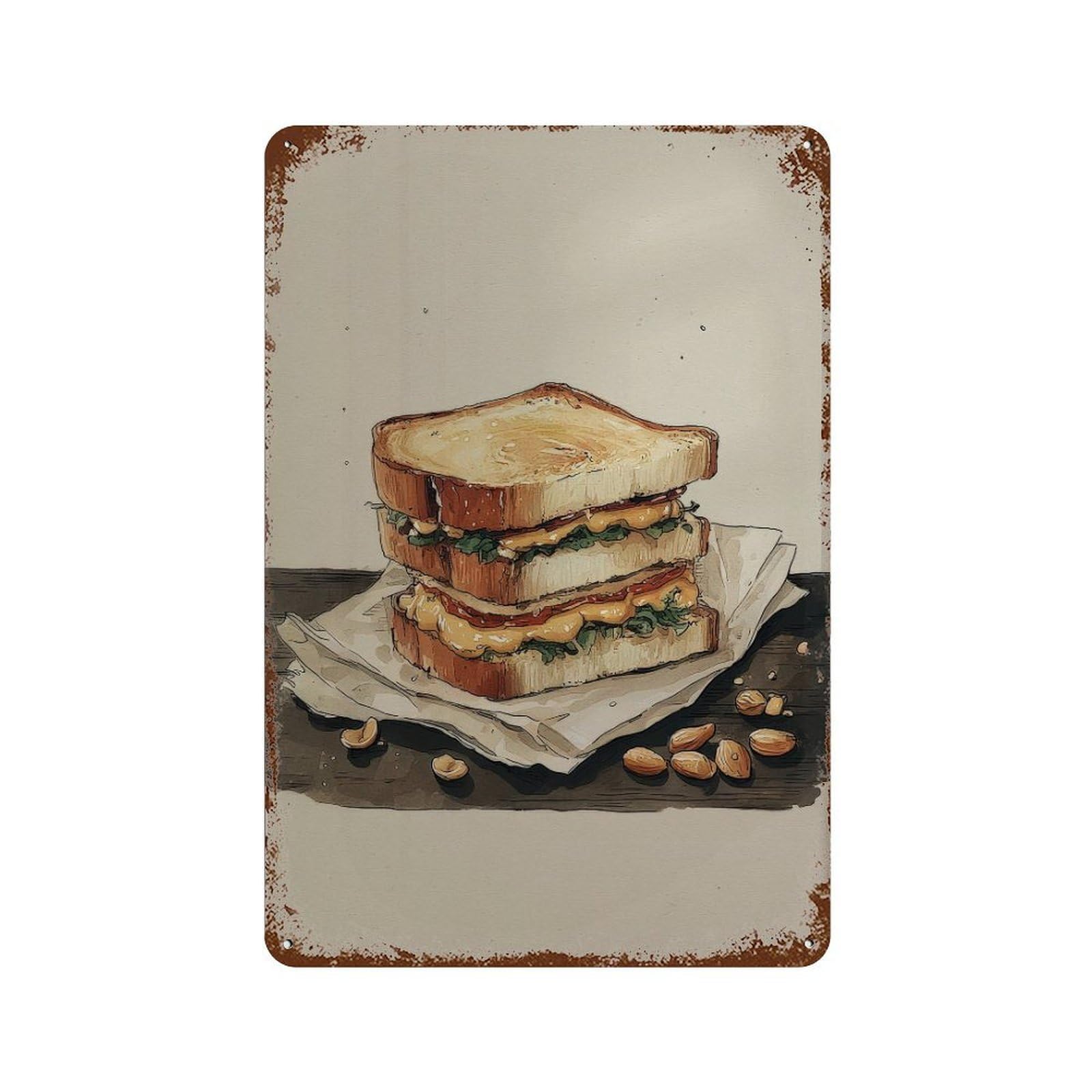 xiaoxiaoshen Kitchen Handdrawn Sandwich Wall Decor Art Metal Tin Poster Modern Home Decor Art Home Bar Shop Decorations Vintage Sign 30x20cm