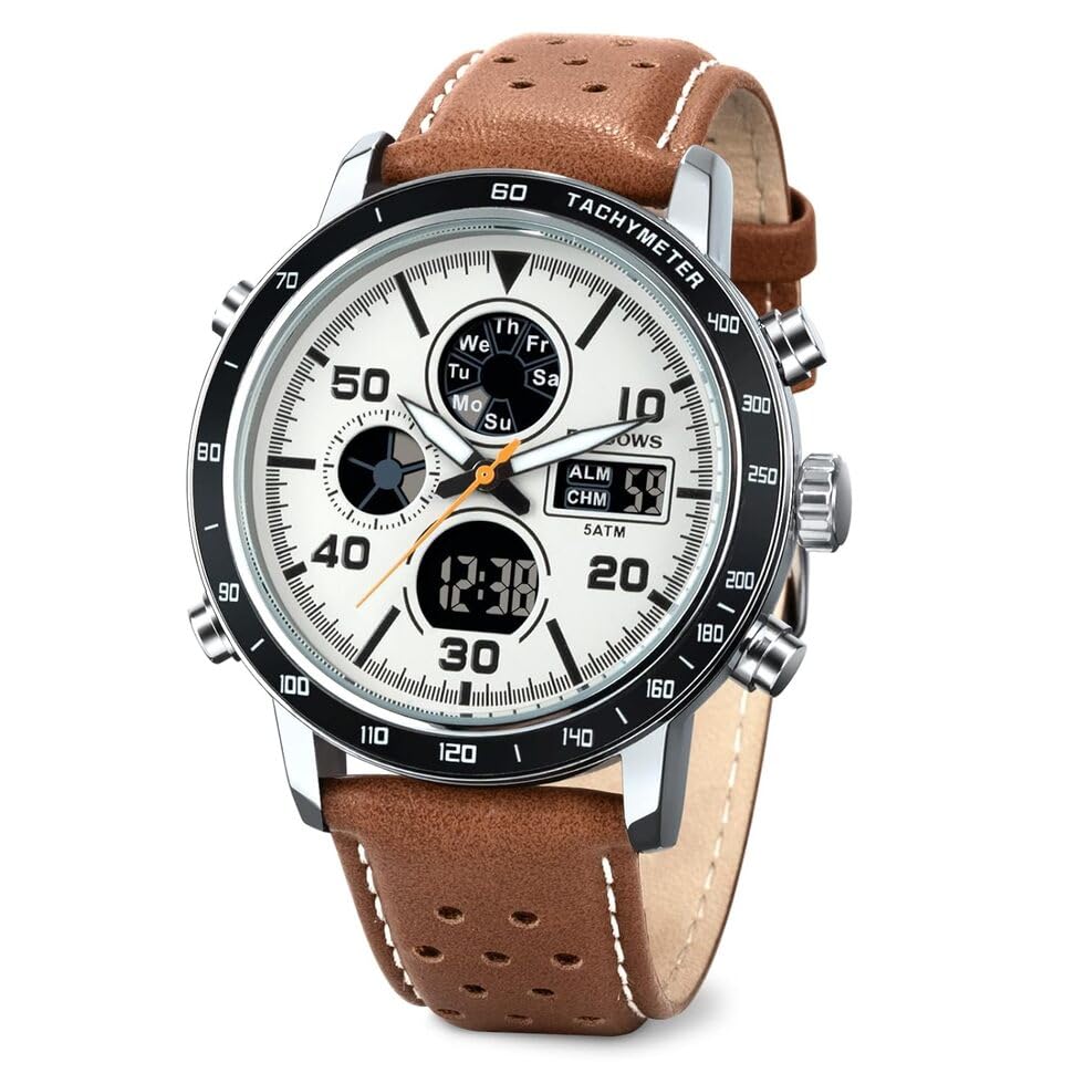 PINDOWS Watch for Men Brown Leather Analog Digital Sport Multifunction Luminous LED Dial White Waterproof Watches Fashion Wristwatches (B0D67GM6TB) Amazon Price History, Amazon Price Tracker