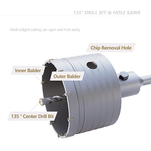 Miniatura 3 de GSTK Juego de sierra de agujero para hormigón de 7 piezas (30 mm, 40 mm, 50 mm, 65 mm, 80 mm, 100 mm, 120 mm) con barra de acoplamiento SDS Plus -