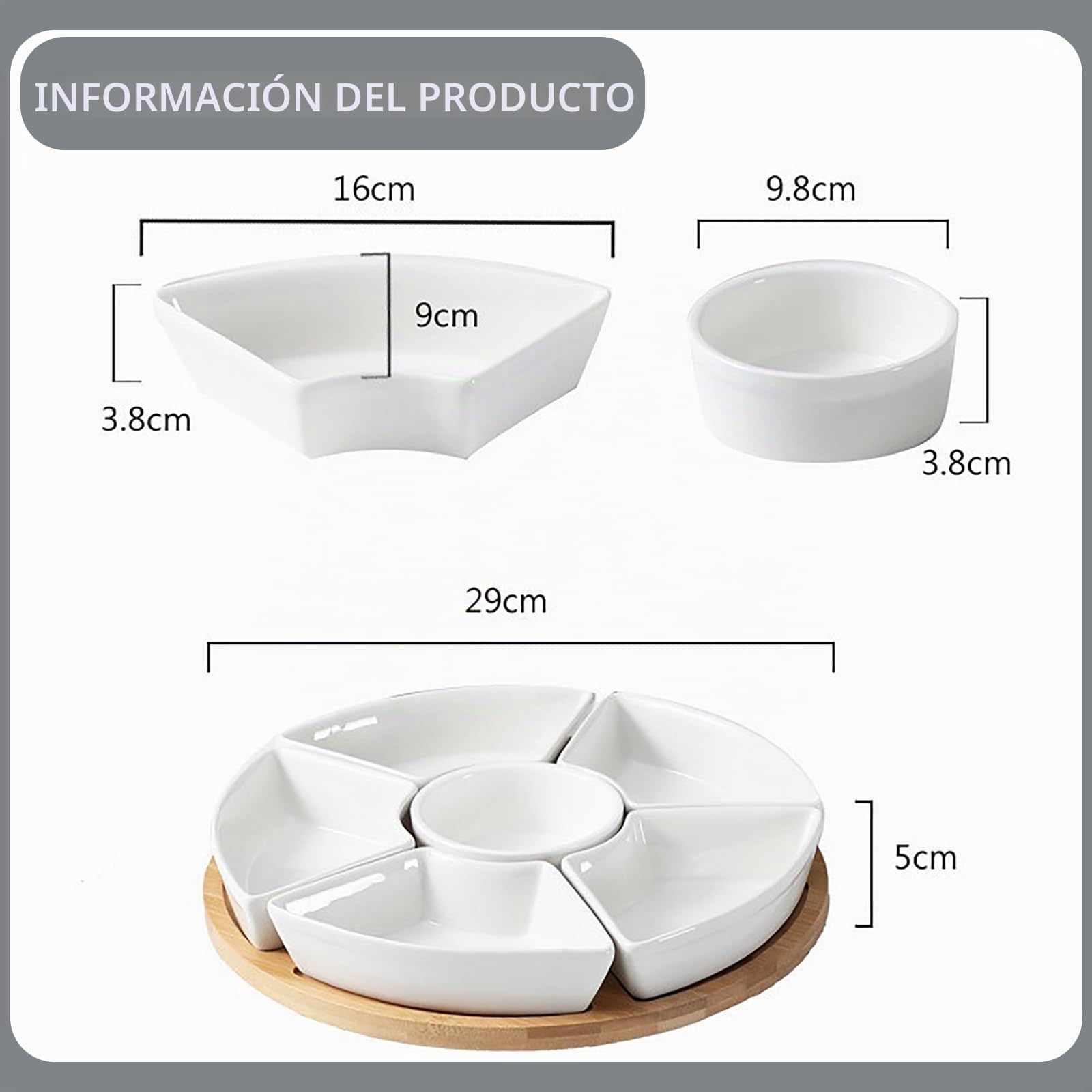 bandeja aperitivos con tapa, juego de 6 fuentes + bandeja giratoria de bambú + tapa de bambú + tenedor de fruta, 6 fuentes de porcelana blanca y una bandeja de bambú (29 x 29 x 5 cm)