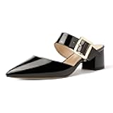 Women's Adjustable Strap Buckle Patent Solid Pointed Toe Chunky Low Heel Mules Evening Dress Pumps Shoes 2 Inch