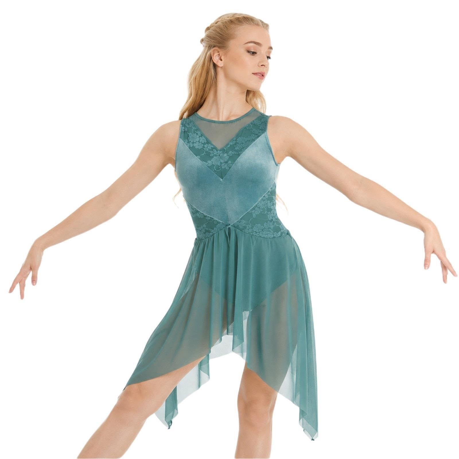 Abito danza lirica donna teen, pizzo, schiena goccia, orlo asimmetrico