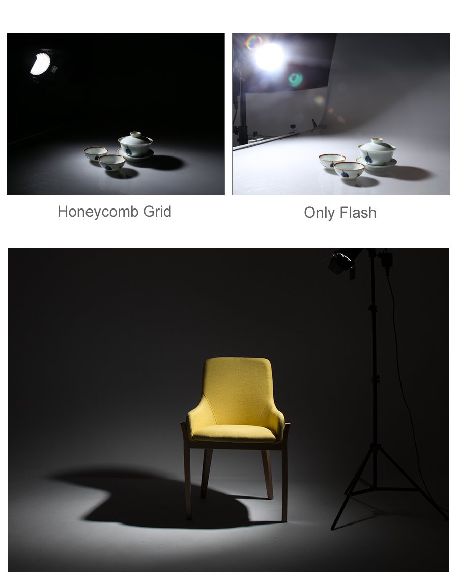 Godox Diffuseur de réflecteur standard avec motif échelle de poisson de 7" + porte barn BD-04 avec grille en nid d'abeille et 4 filtres en gel de couleur