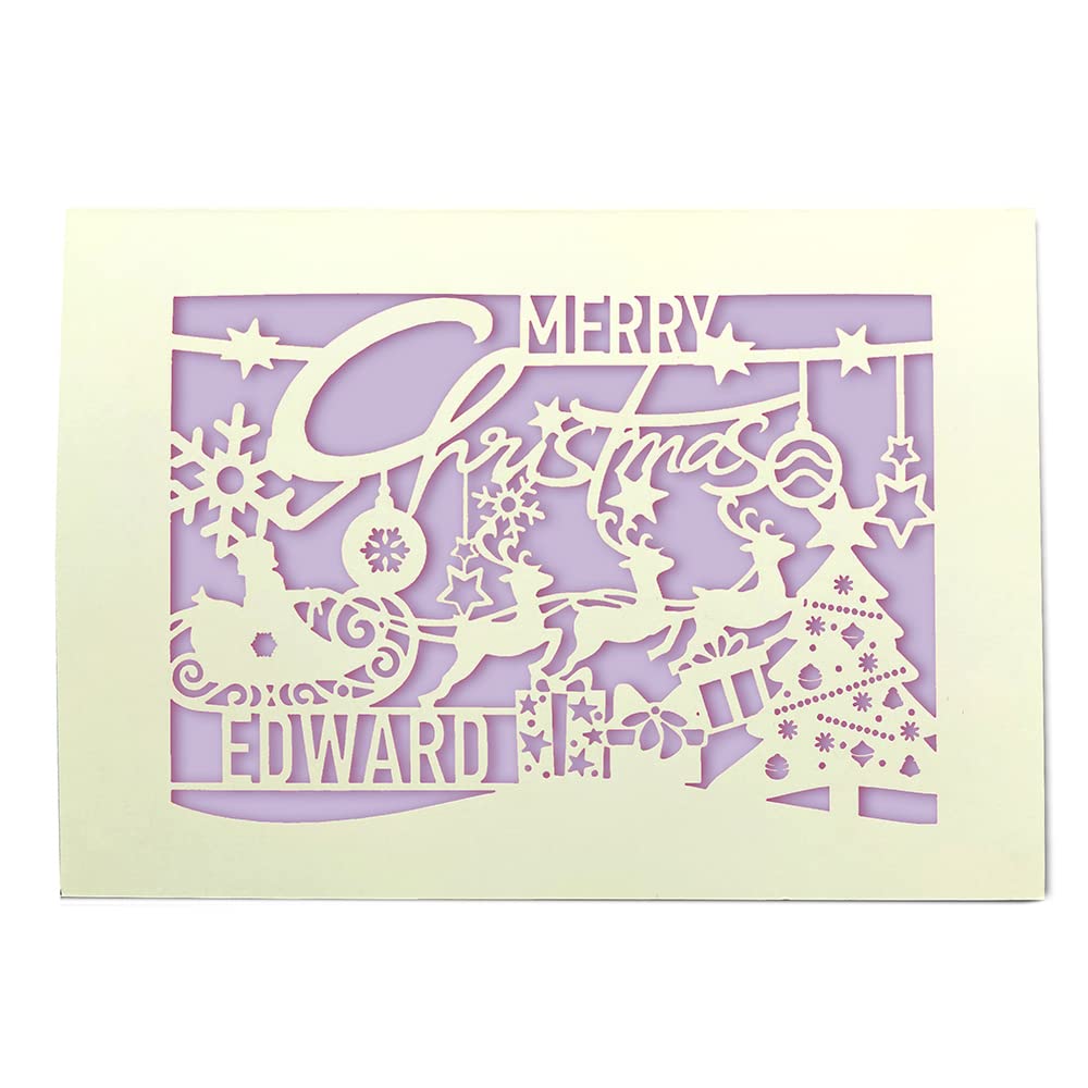 Personalised Merry Christmas Card 2025 Laser Cut Glitter Paper Cards Xmas Greeting Cards with Envelopes Custom Gift (Lilac Purple)