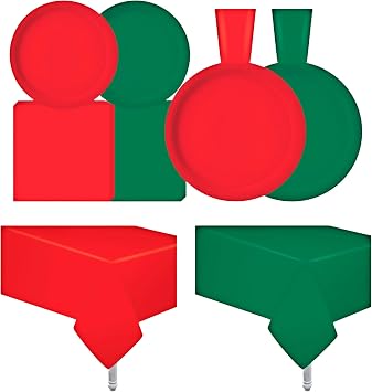 Oojami Disposable Dinnerware Set for 50 Guests 9" Dinner Plates, 7" Dessert Plates, 9oz Cups, 3-Ply Napkins Party Plates and Napkins Set for Birthday, Holiday, Office, Easy Cleanup Red and Green