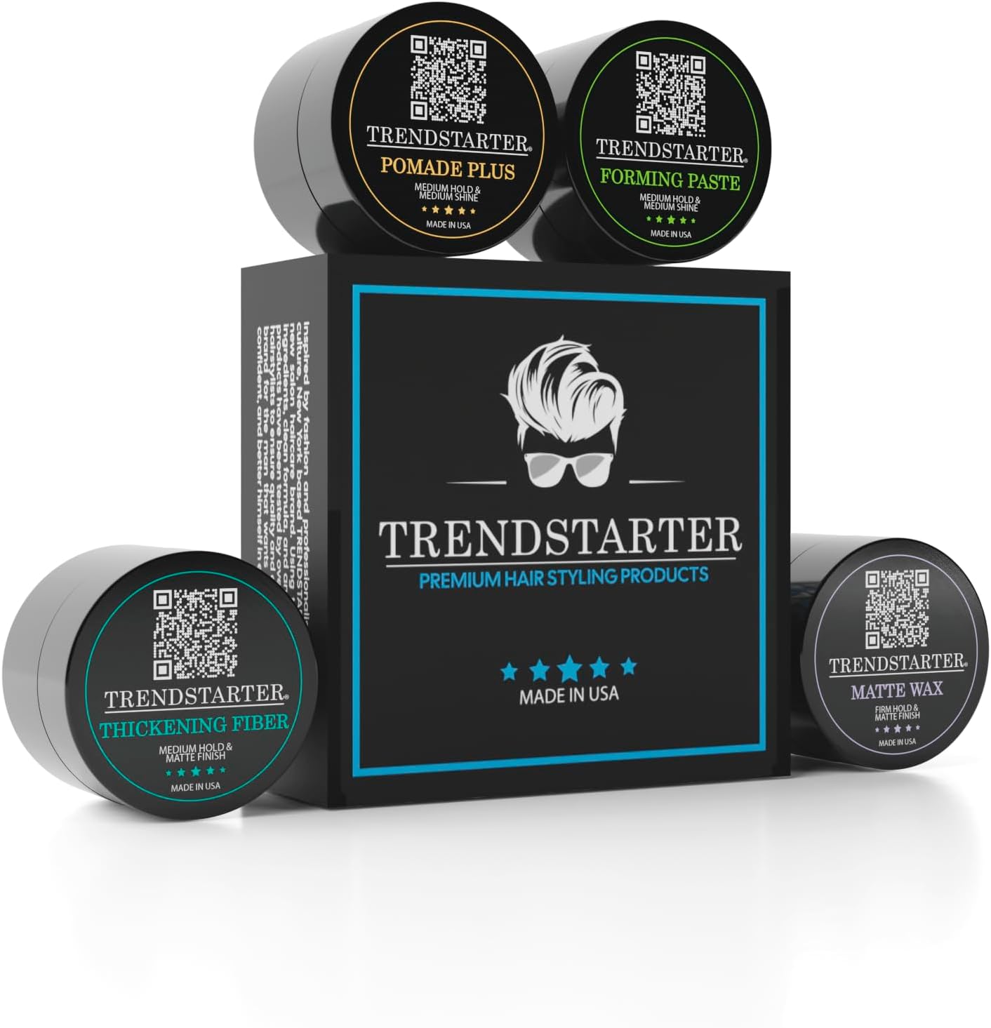 TRENDSTARTER - MATTE WAX SAMPLE PACK - GREAT STOCKING STUFFER - Matte Wax - Forming Paste - Thickening Fiber - Pomade Plus (Four 0.25oz Samples)