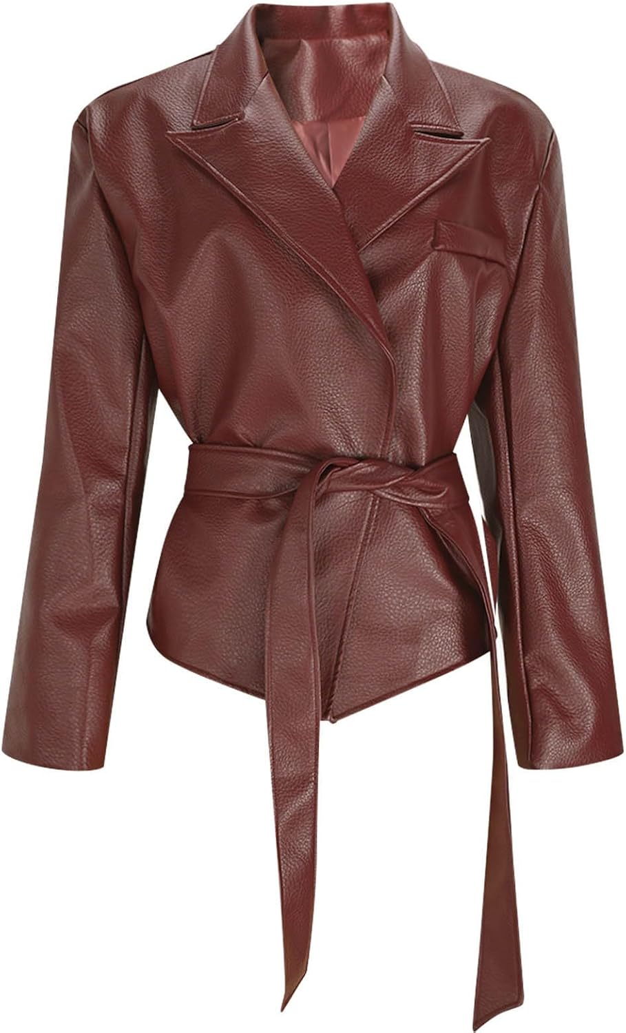 Womens Faux Leather Jacket Business Casual Lapel Coats Long Sleeve Open Front Trendy Work Clothes Outfit with Belt