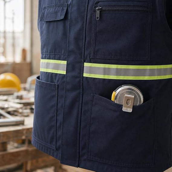 Çok Cepli Reflektörlü İş Yeleği lacivert gabardin kumaşı ile şantiye ve lojistik operasyonlarında gece görünürlüğü sunarak alet taşıma sorununu çözen unisex yelek