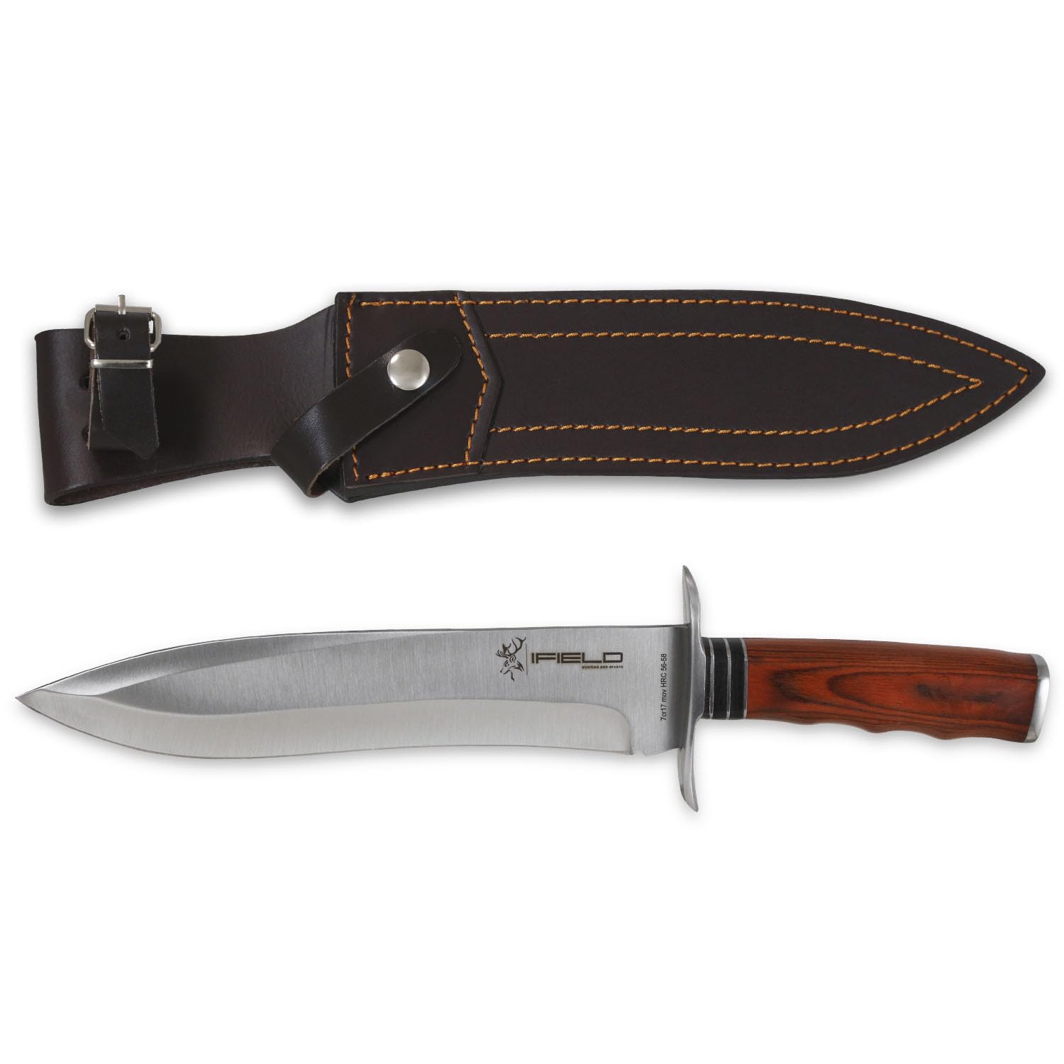 Cuchillo de caza deportivo iFIELD Camper EL29011, mango Stamina, total 37 cms, hoja 23,5 cms, virola acero, con funda de piel color marrón, herramienta de camping para pesca, caza, actividad deportiva