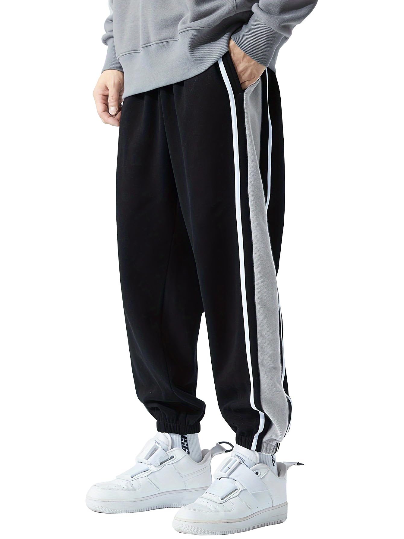 Shasmi Black Side Striped Pants Men Oversized Baggy Wide Leg Trousers Elastic Waist Streetwear Joggers Men Track Pant for Men ll Track Pants ll Plain Track Pant (Trouser 155 $P)-image-2
