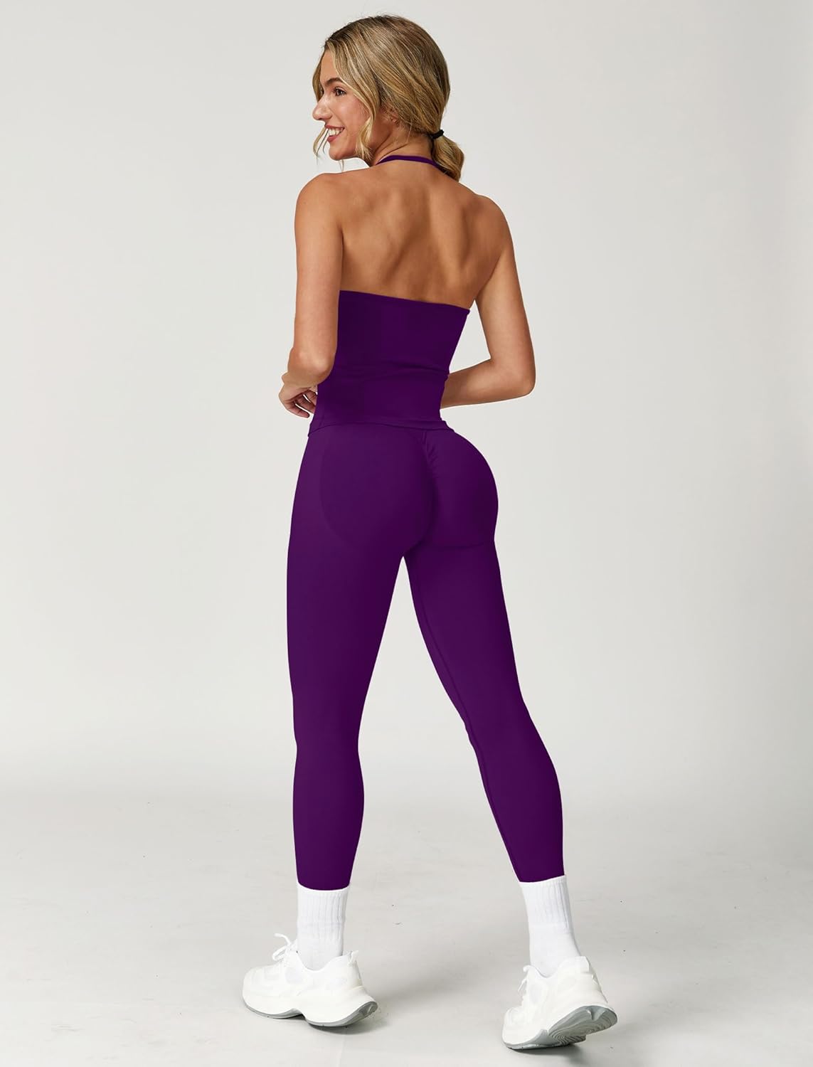 ABOCIW Workout Sets for Women Seamless Scunch Butt Lifting Impact Leggings Longline Strappy Top 2 Piece Gym Outfits - Image 6