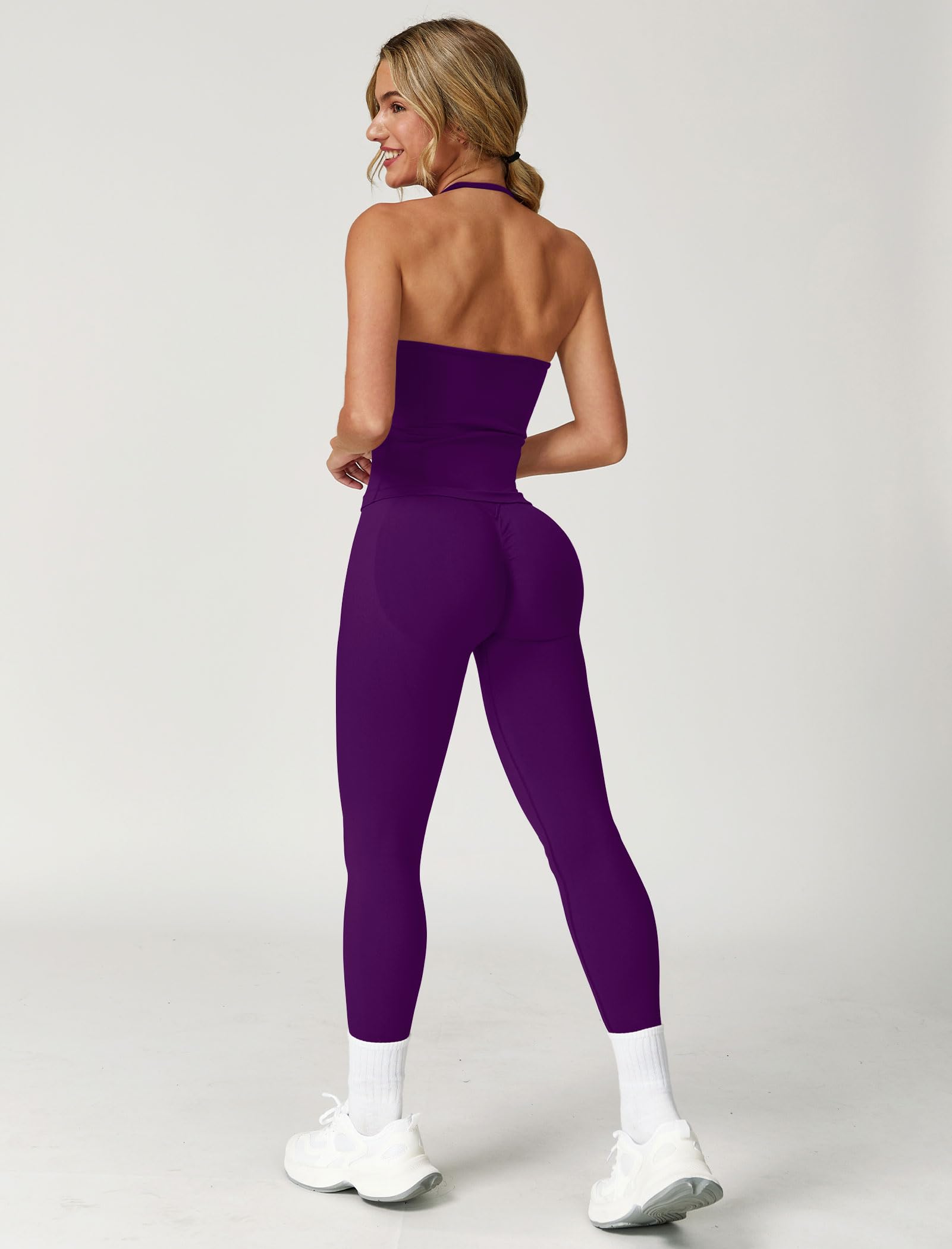 ABOCIW Workout Sets for Women Seamless Scunch Butt Lifting Impact Leggings Longline Strappy Top 2 Piece Gym Outfits: Grape X-Large