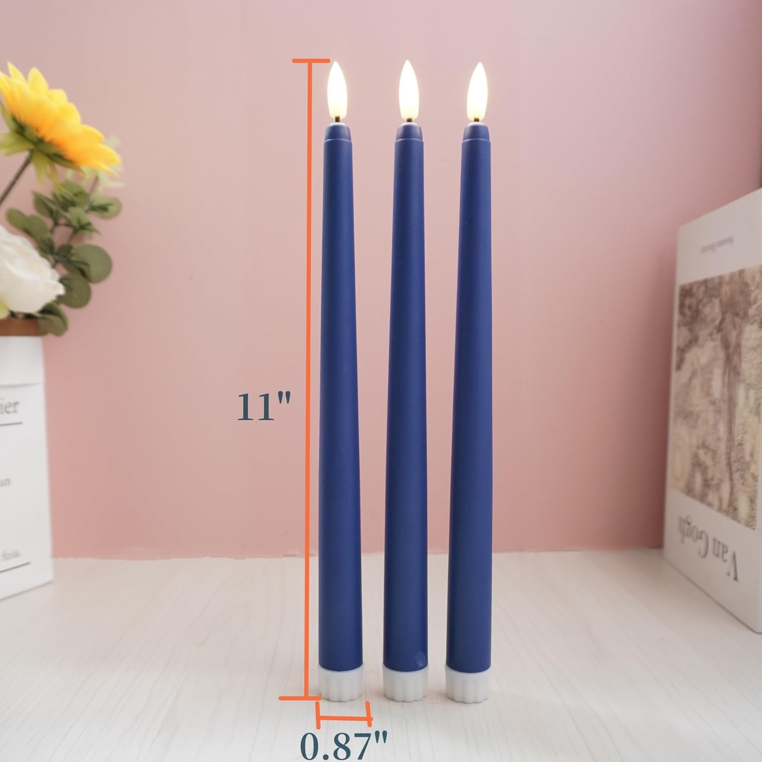 Navy Blue Flameless Taper Candles with Remote Timer, Flickering Battery Powered LED Candlesticks Set of 3
