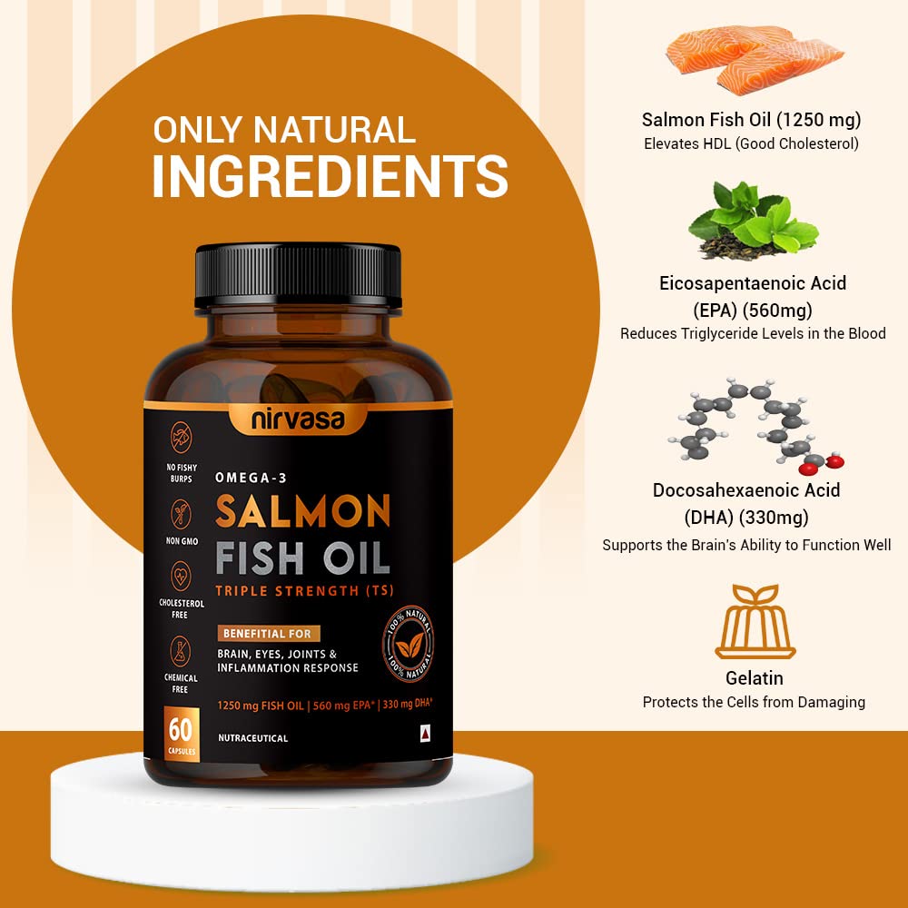 Nirwasa omega 3 salmon fish oil capsules (triple strength) for men and women. 1250mg salmon fish oil, 560mg EPA and 400mg Dha | Healthy heart supports 60 softgels (fish oil + d multiwitamin) Nirwasa omega 3 salmon fish oil capsules (triple strength) for men and women. 1250mg salmon fish oil, 560mg EPA and 400mg Dha | Healthy heart supports 60 softgels (fish oil + d multiwitamin)