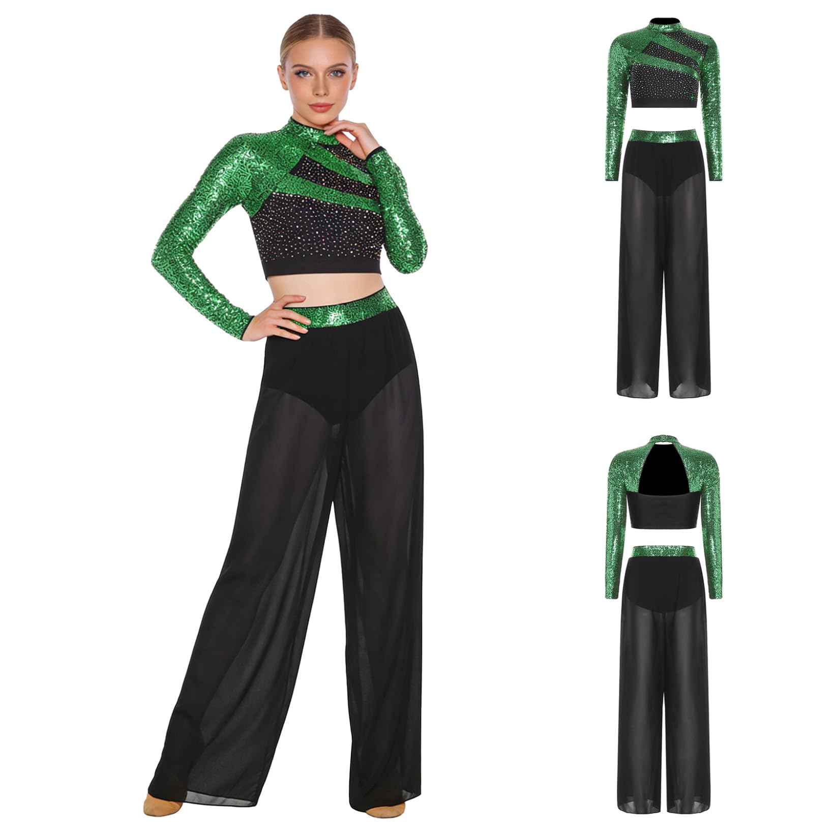 Mujer Traje Baile Lírico con Lentejuelas Brillantes Crop Top de Manga Larga y Pantalones Traje de Gimnasia Rítmica Disfraz de Bailarina de Ballet S-XXL