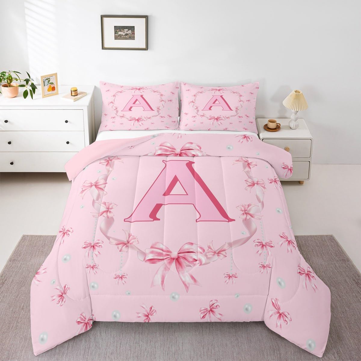 Erosebridal Initial Letter A Comforter Set Queen Cute Kawaii Bow Bedding Set for Kids Girls Teen Women,Pink Princess Letter Bowknot Bedding Comforter Sets Romantic Chic Quilt Duvet for Bedroom
