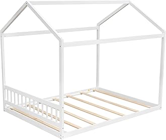SOFTSEA Floor House Bed Frame Queen Size Wood Platform Bed with Headboard House Bed with Roof for Kids, No Box Spring Needed (White)