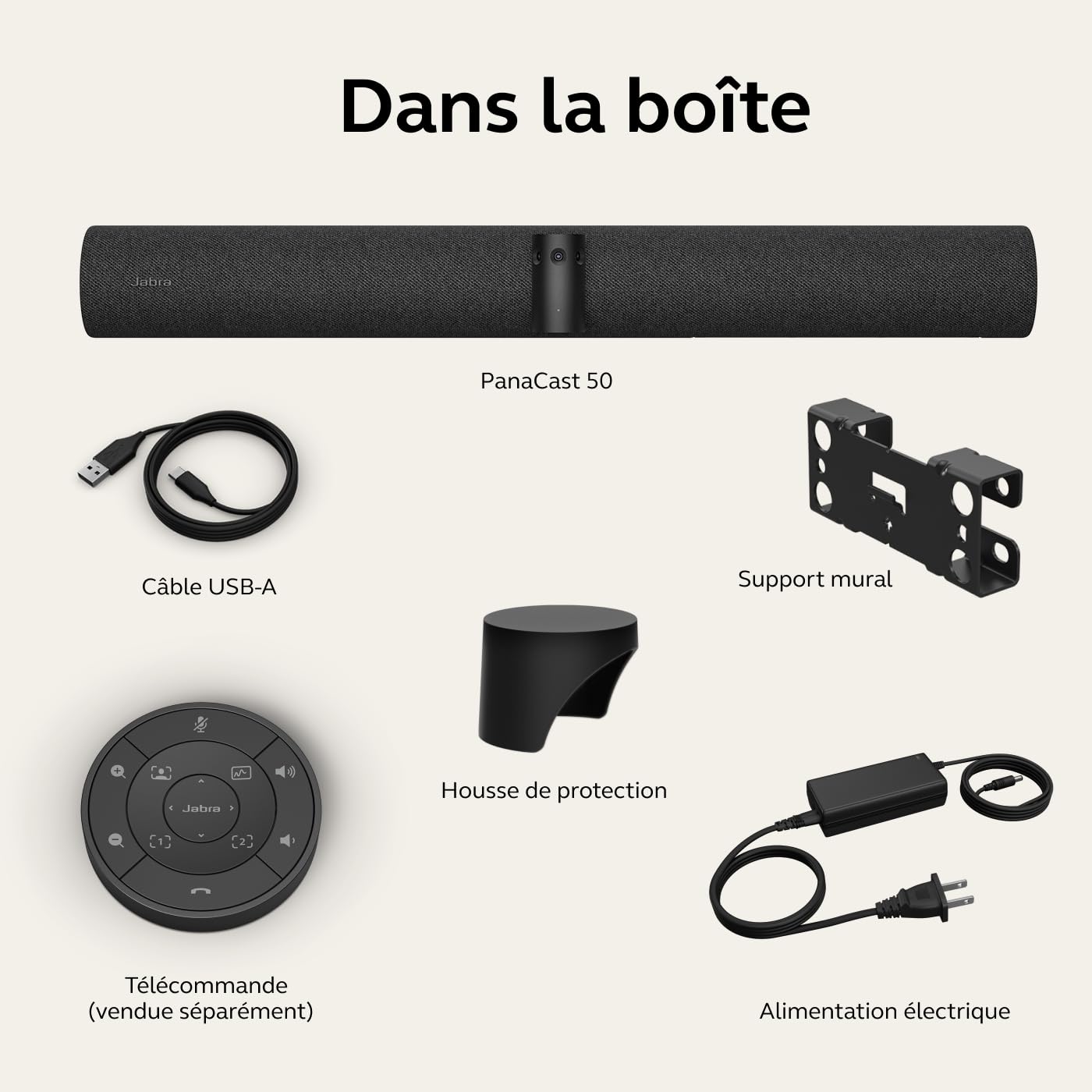 Barre vidéo panoramique 4K Jabra PanaCast 50 - Caméra de visioconférence pour petites et moyennes salles avec champ de vision 180° et 8 microphones – Alimentation UE - Noir