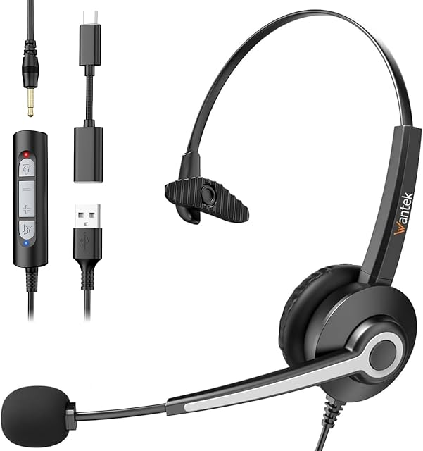 Wantek Headset with Microphone, Computer USB Headset with Microphone Noise Cancelling, USB Wired Headphones with Mic for Laptop PC Work from Home Open Office Call Cente