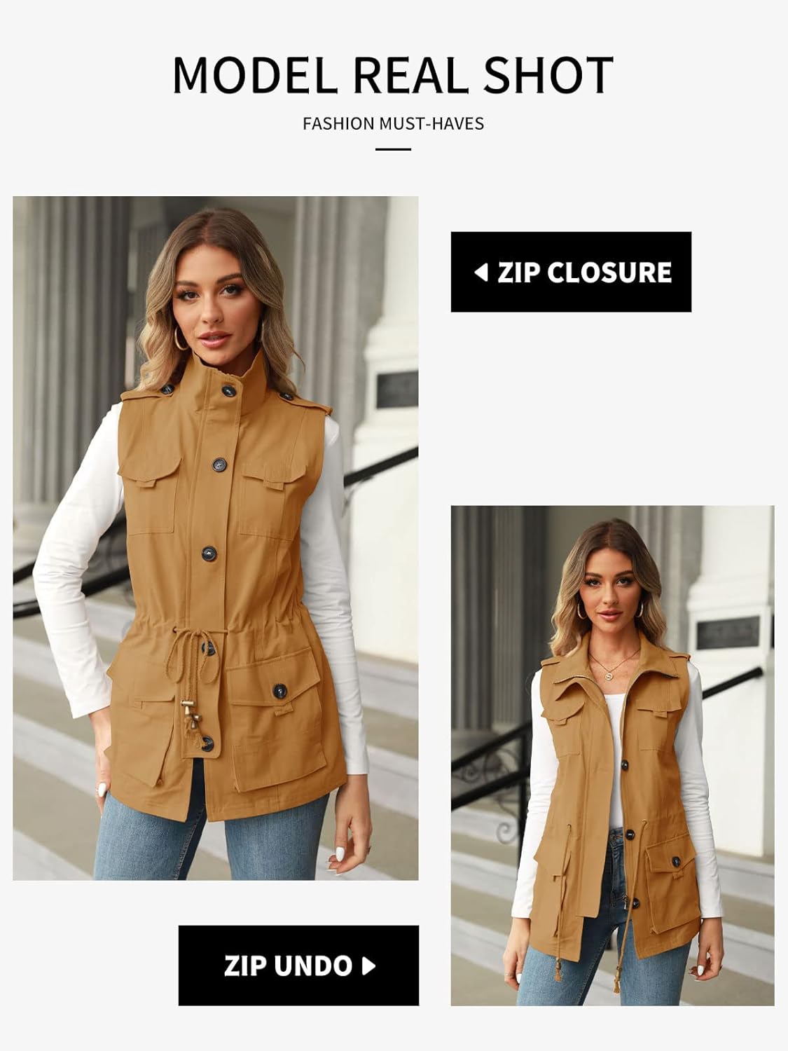 Koodred Women's Casual Military Utility Vest Lightweight Sleeveless Drawstring Jackets with Pockets - Image 2