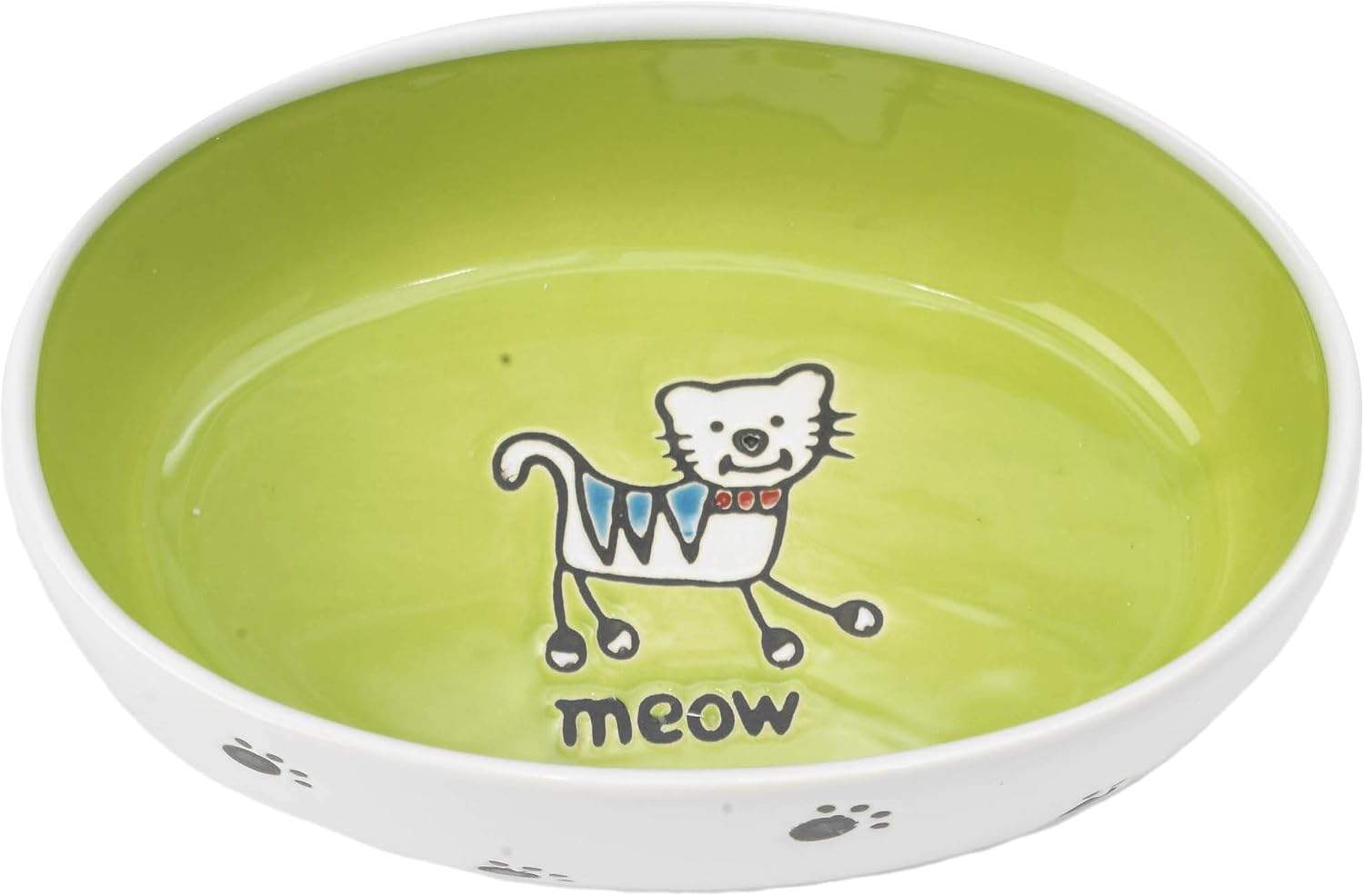 Pet Rageous 2-Cup Silly Kitty Oval Bowl, White/Lime Green