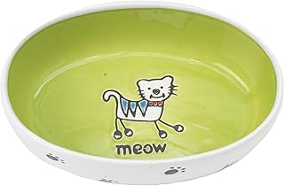 PetRageous 11024 Silly Kitty Oval Dishwasher Safe Stoneware Cat Bowl 6.5-Inch Long 4-Inch Wide 2-Inch Tall 2-Cups Capacity for Cats with Silly Kitty Logo in The Basin, White and Green