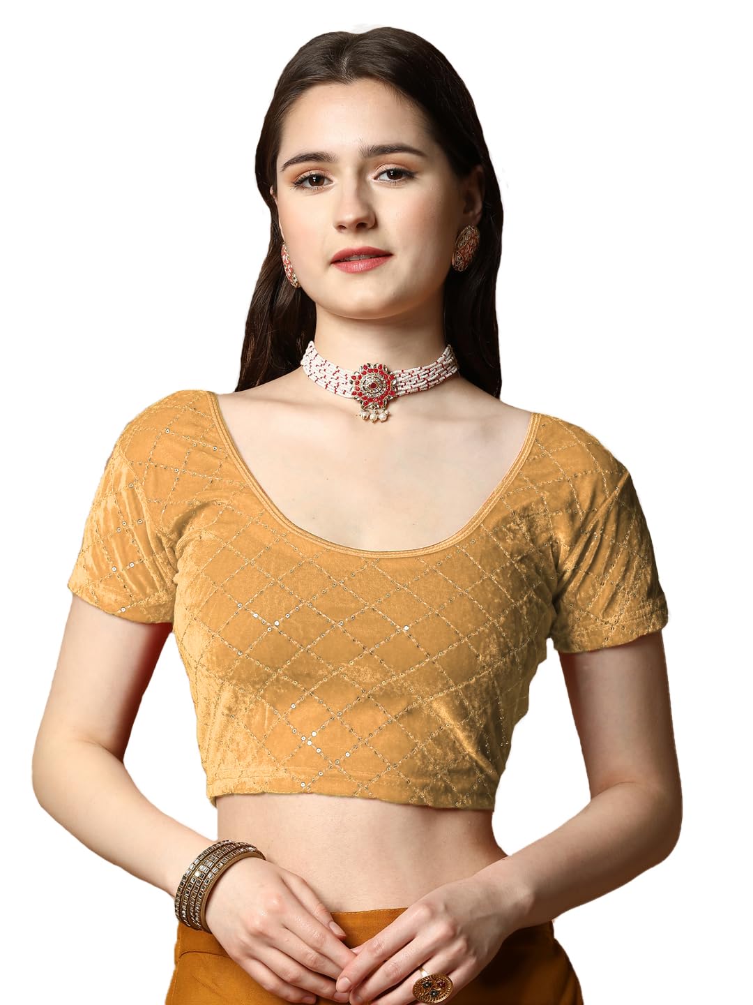 Pujia Mills Women's Velvet Stretchable Blouse (Velvet Chokdi_Chiku_Free Size)