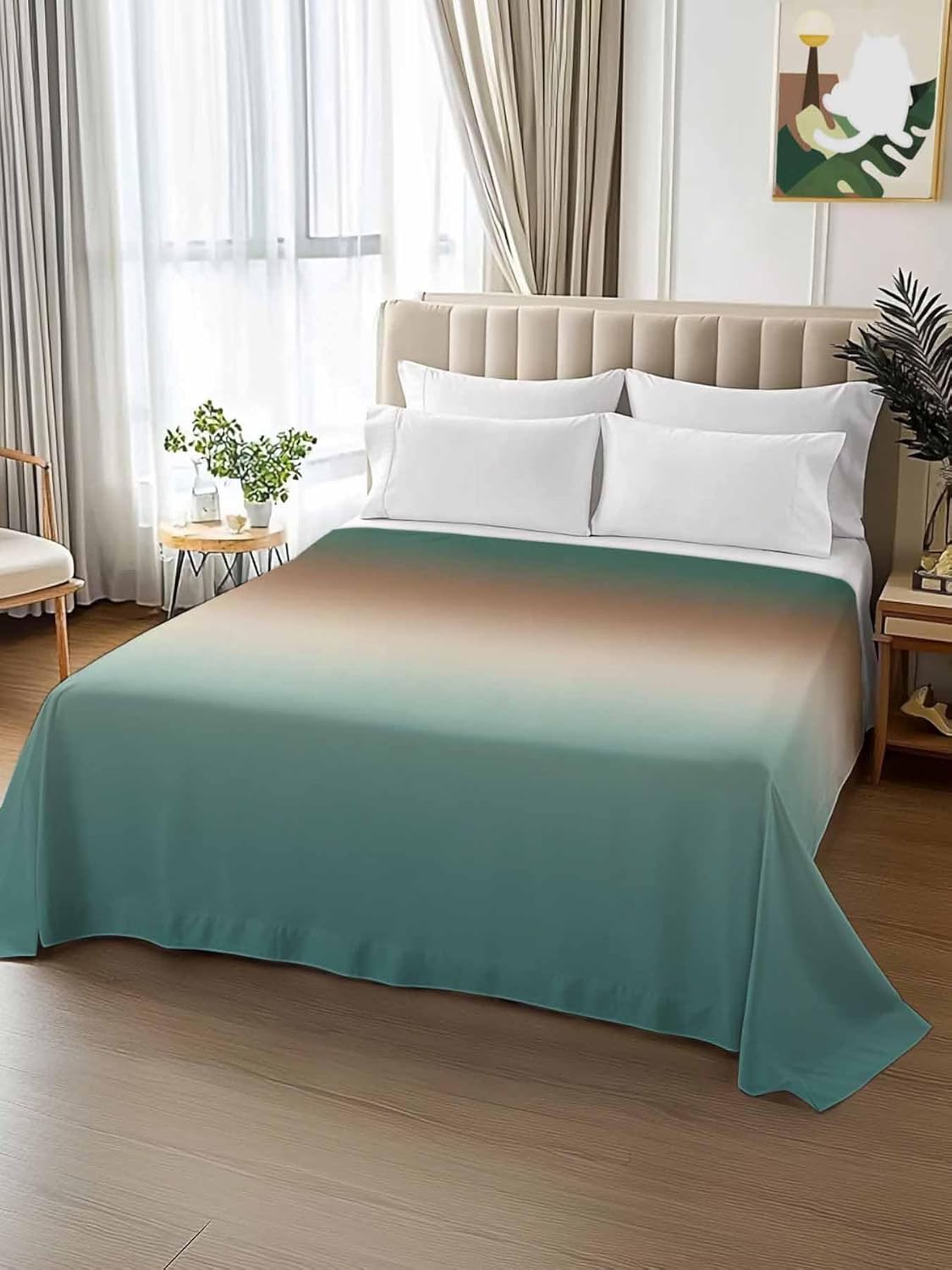 Top Sheet Full Bedding Flat Sheet Only, Turquoise Brown Gradient Microfiber Bed Sheets Soft Breathable Bedding Flat Sheets, Modern Abstract Art Ombre Hotel Luxury Top Sheets