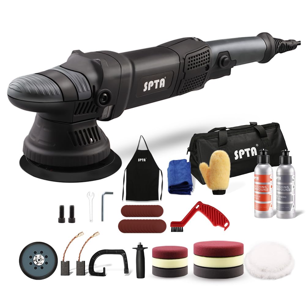 Buffer Polisher, SPTA 5-Inch 125mm Dual Action Random Orbital Car Polishing Machine,Car Detailing Kit, 4Pcs 5inch & 4Pcs 6Inch Polishing Pad,Packing Bag for Car Polishing and Waxing