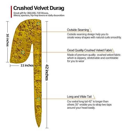 Miniatura 10 de 3 piezas de terciopelo triturado ondulado Durag  Envolturas sedosas Durag con cola extra larga perfectas para 360 olas