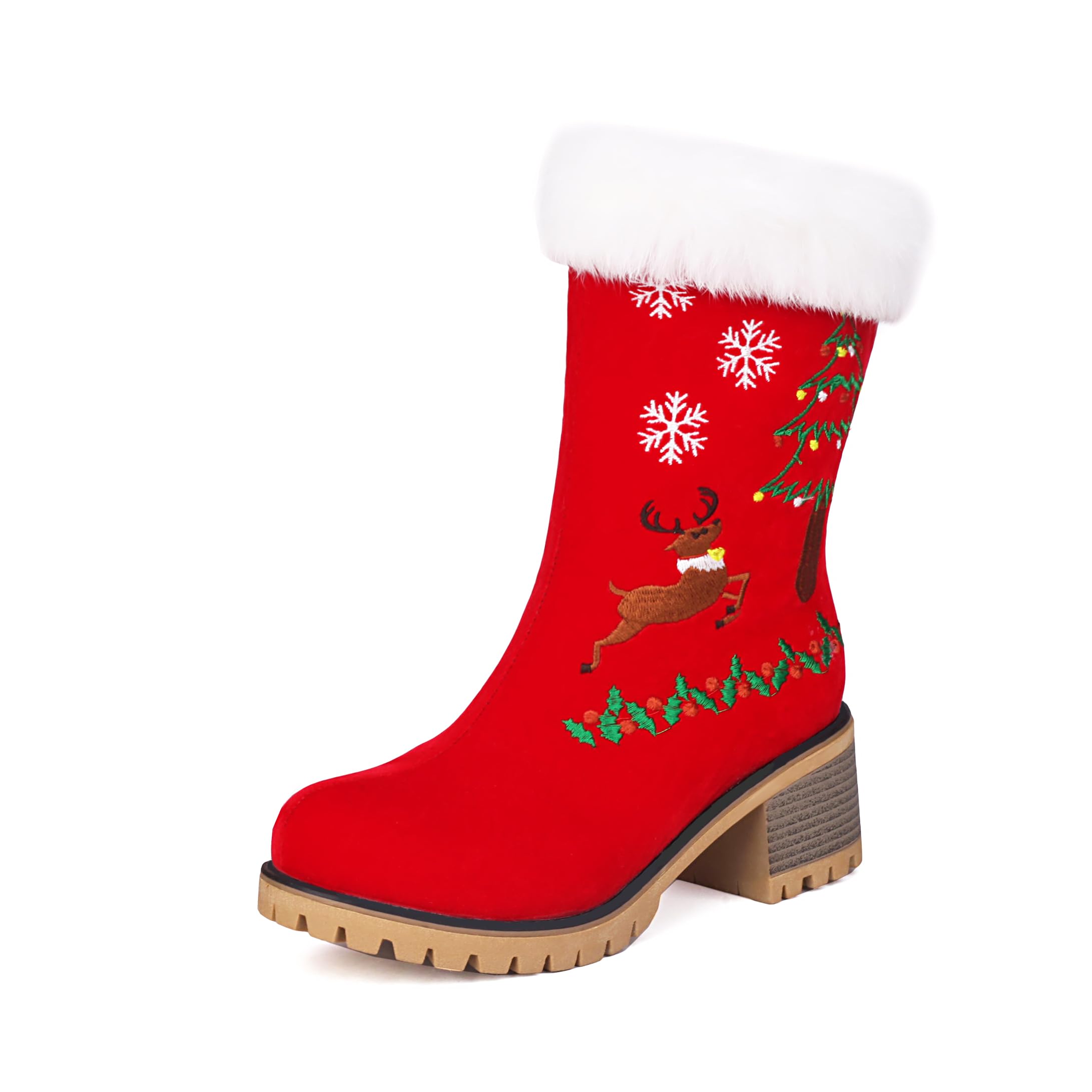 Sweet Furry Christmas Ankle Boots Chunky Heel Snow Booties