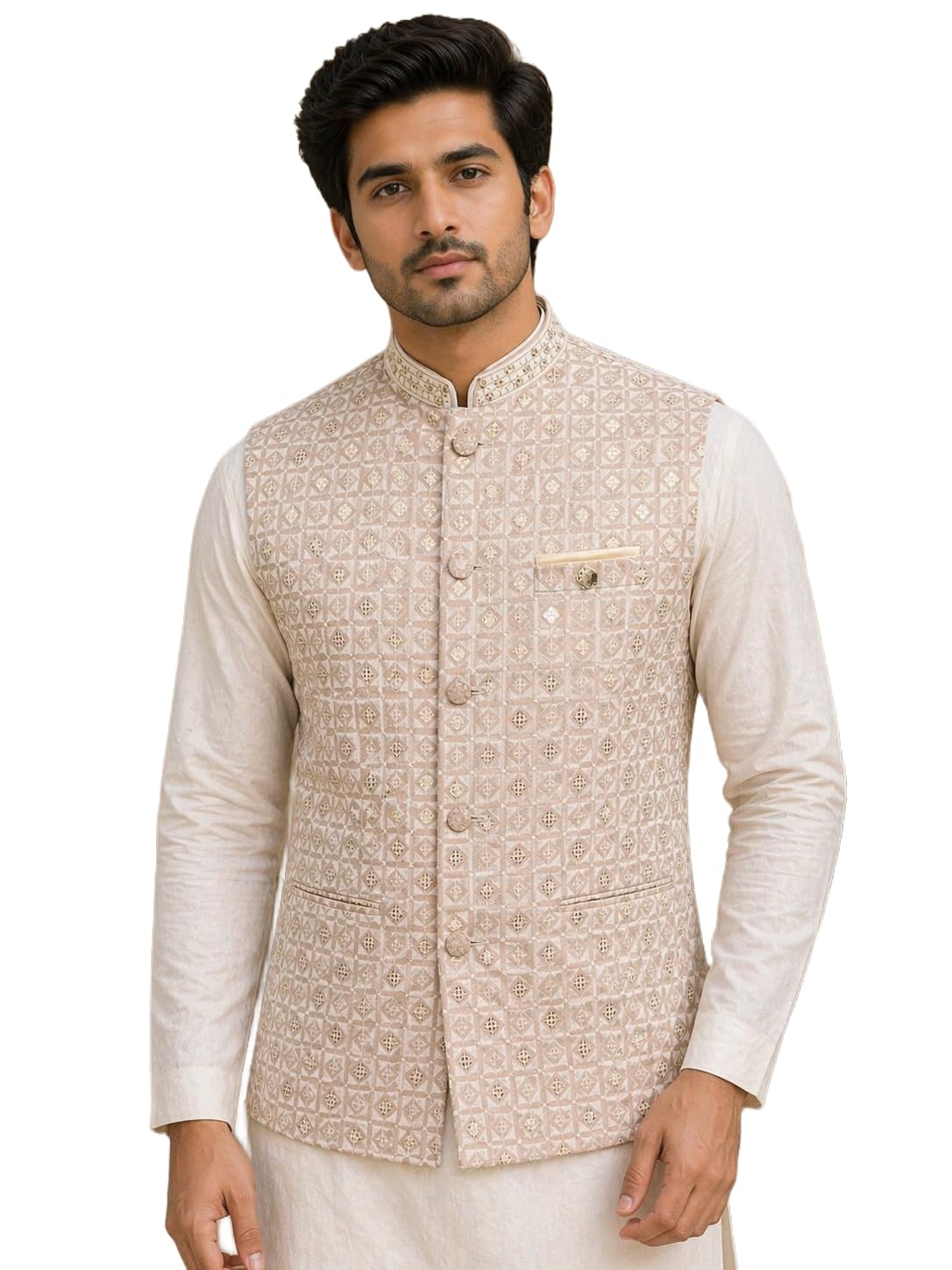 risani MEN 'S Premium Cotton Jacquard Nehru Jacket | Ethnic Waistcoat for Wedding Stylish Waistcoat for Kurta Creamy with Gold Design-picture-19