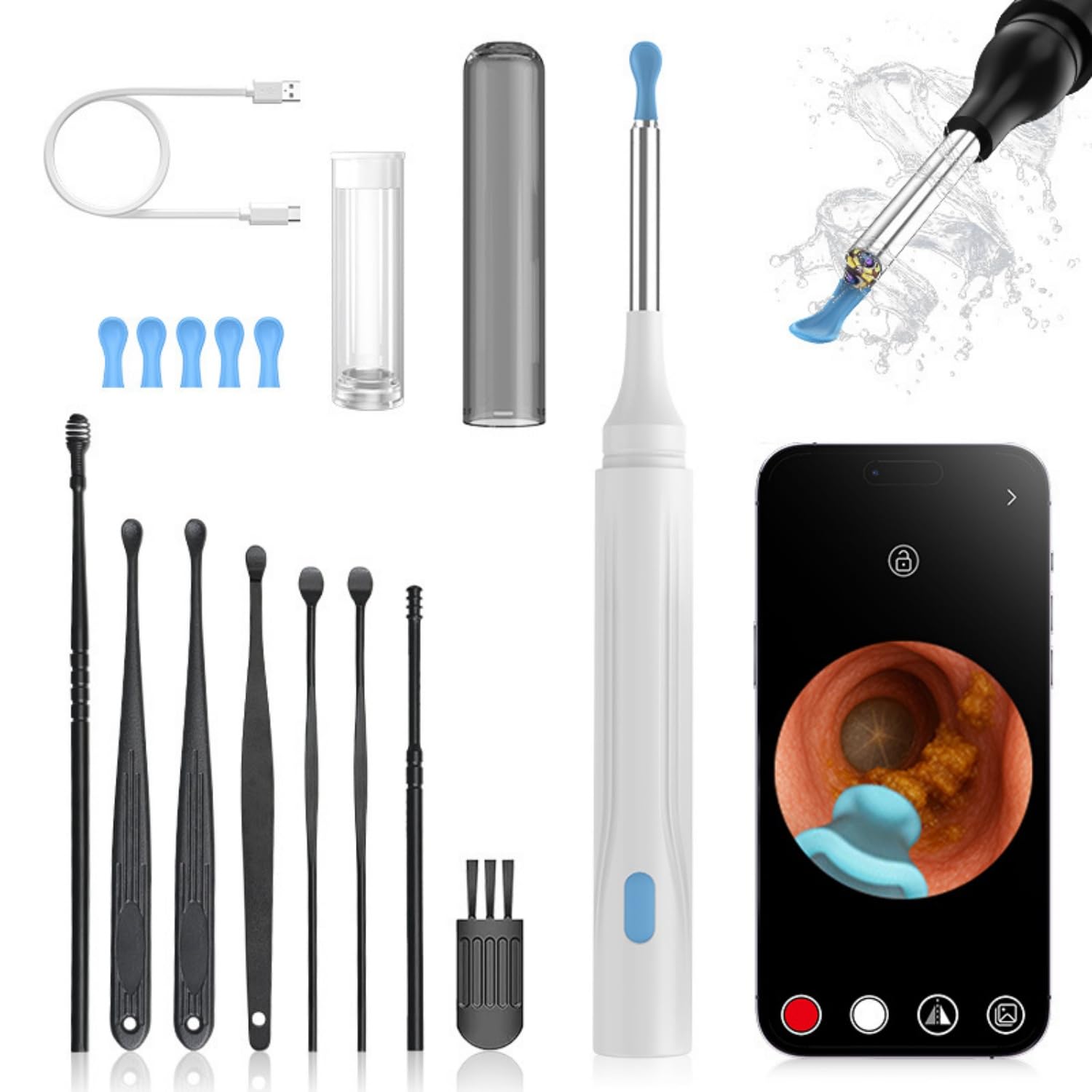 miluna pro plus intelligenter ohrenreiniger – Ohrenreiniger mit Kamera,1080P HD IP6X Ohrenreiniger mit LED-Beleuchtung, IP67 wasserdicht, ideal für Familien und Reisen (Weiß)