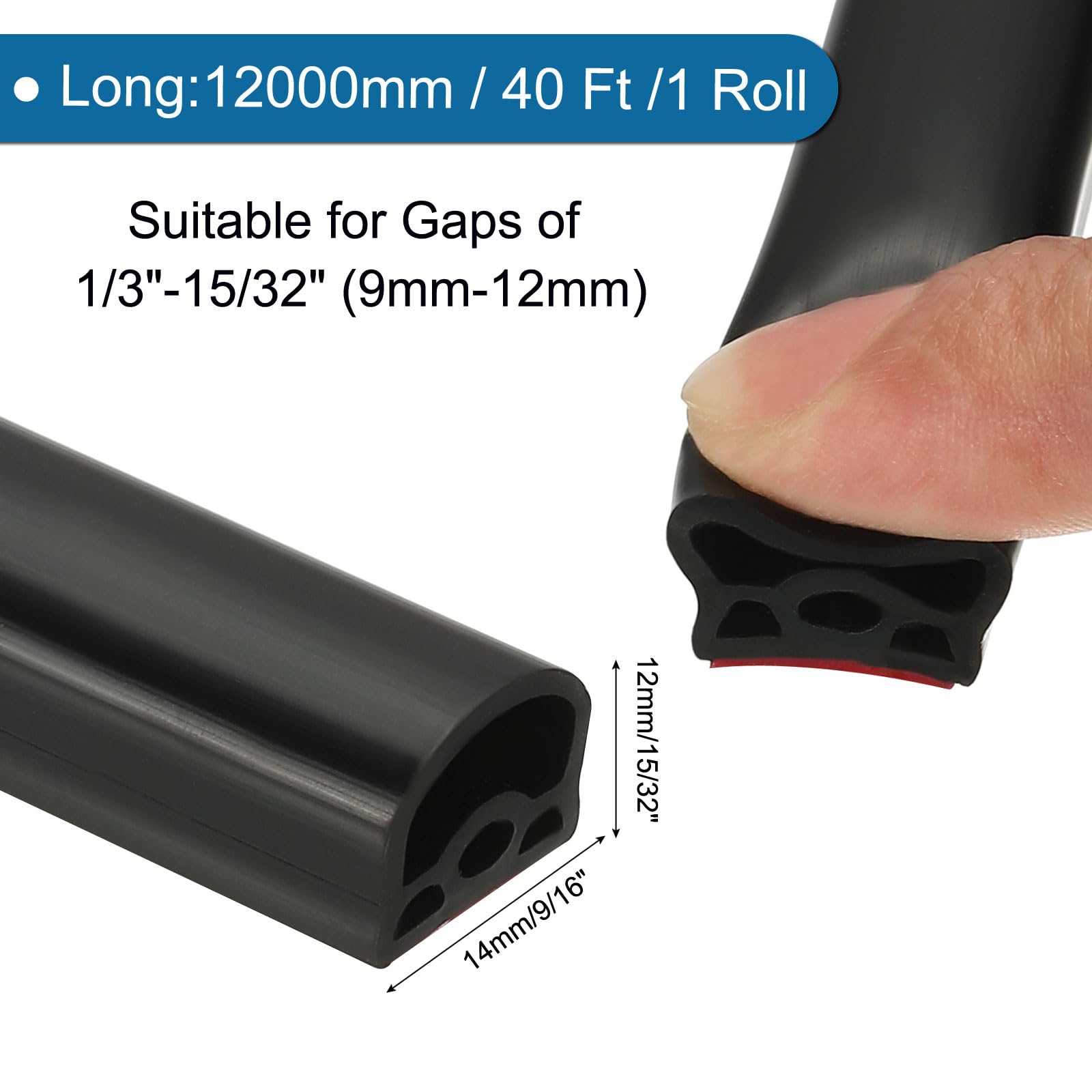 PATIKIL Sellado De Puerta De Silicón Para Clima, 40 Pies X 9/16" X 15/32" Sellado Multicapa Autoadhesivo Para Huecos Grandes De 1/3" A 15/32", Marco De Puerta, Ventana, Negro/Rojo