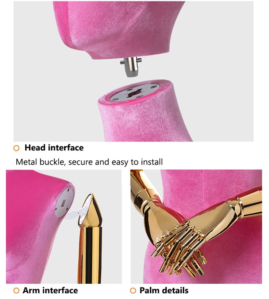 Manichino femminile con treppiede regolabile per cucito e gioielli, braccia dorate, ideale per sarti e appassionati di moda