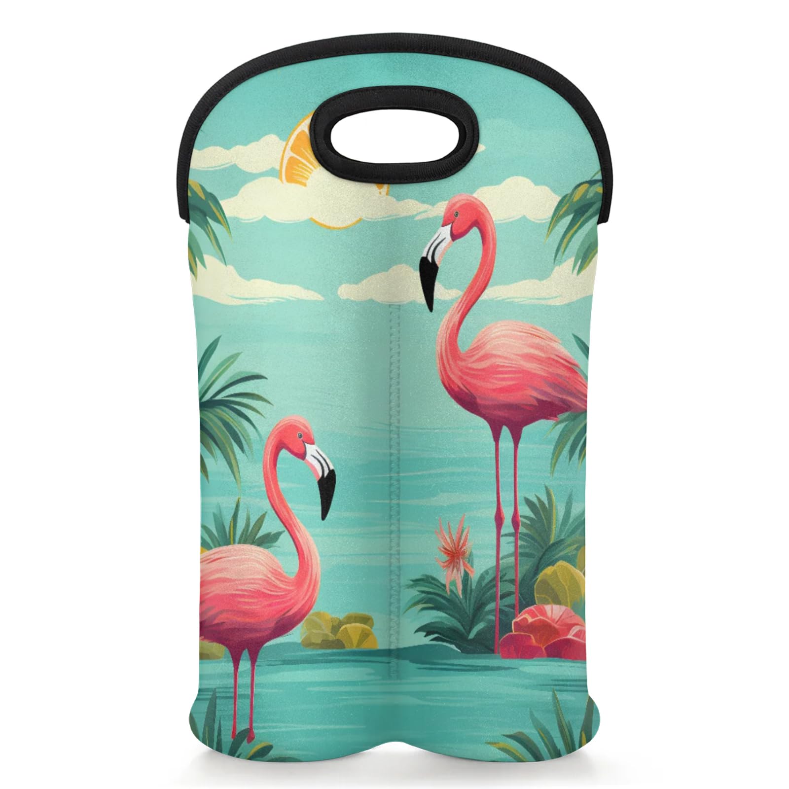 GzLeyigou 2 Bottles Flamingo Wine Bag Sleeve Totes Summer Neoprene Protective Wine Carrier Bag for Wine,Water, Champagne, Beer, Baby Bottles,Gift 14.5 x 10 Inches