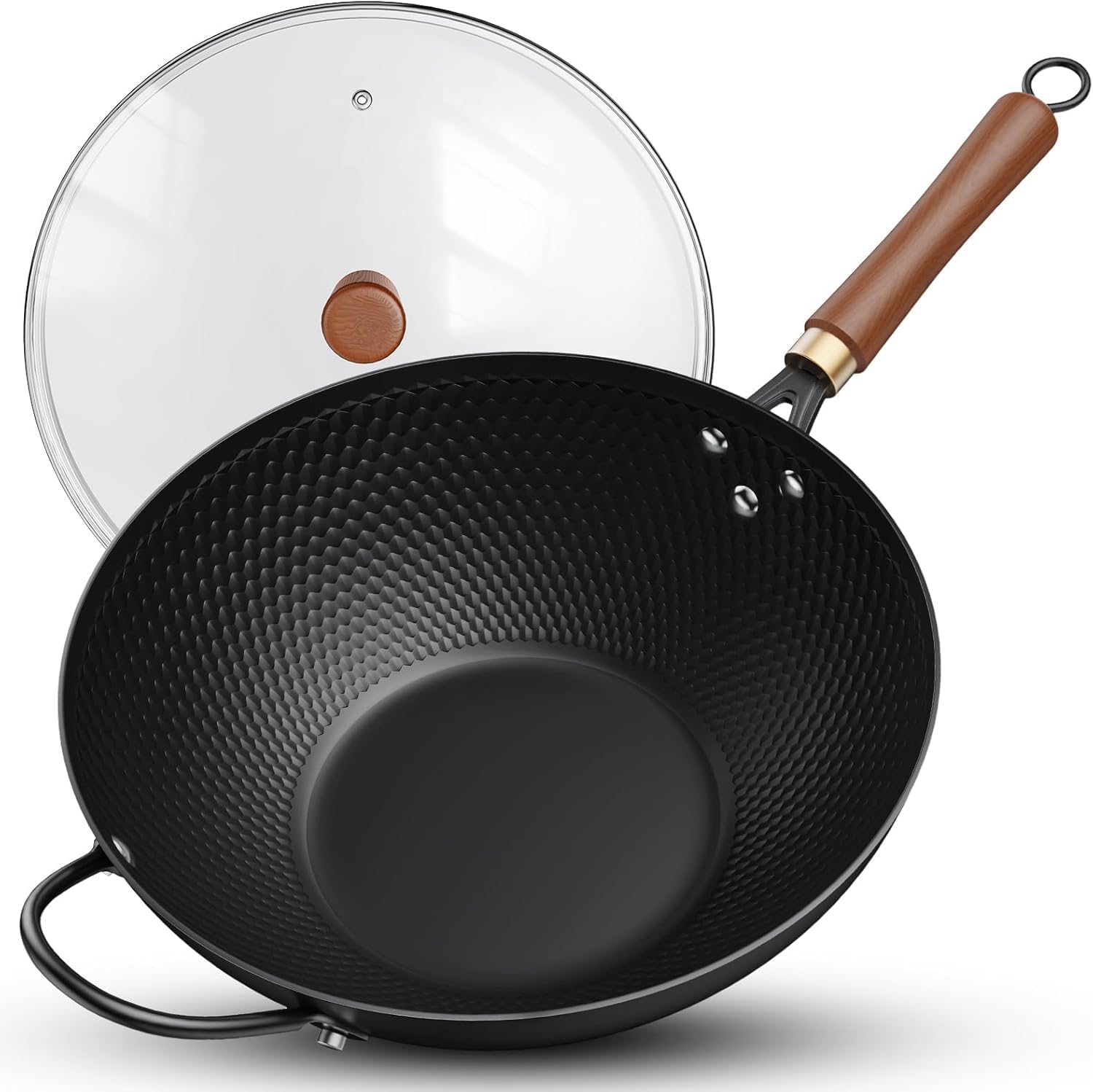 33cm wok pan with lid, hardened carbon steel Woks & wok pans, chemical-free coating, wooden and steel handles, flat bottom, wok for induction hob, electric, gas