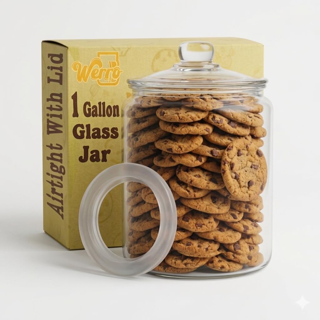 1 Gallon Glass Cookie Jar With Airtight Lid - Extra Gasket - Large Glass Jar - Glass Food Storage Container, Candy, Dog Treats, Flour, Cookies, Kitchen Jar for Pantry - Laundry Room Storage