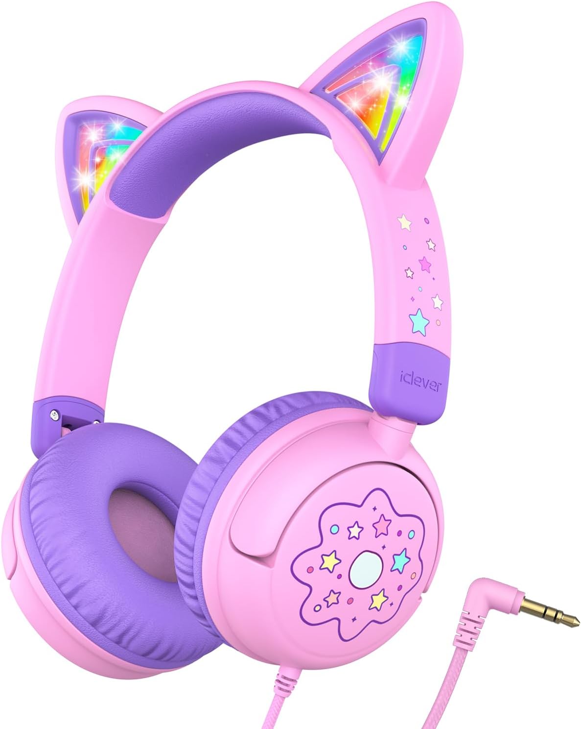 Kids Headphones Cat Ear, LED Light Up, 85dBA Safe Volume, Stereo Sound Toddler Headphones for Travel School, Foldable 3.5mm Wired Kids Headphone for iPad Tablets, Meow Lollipop -Pink