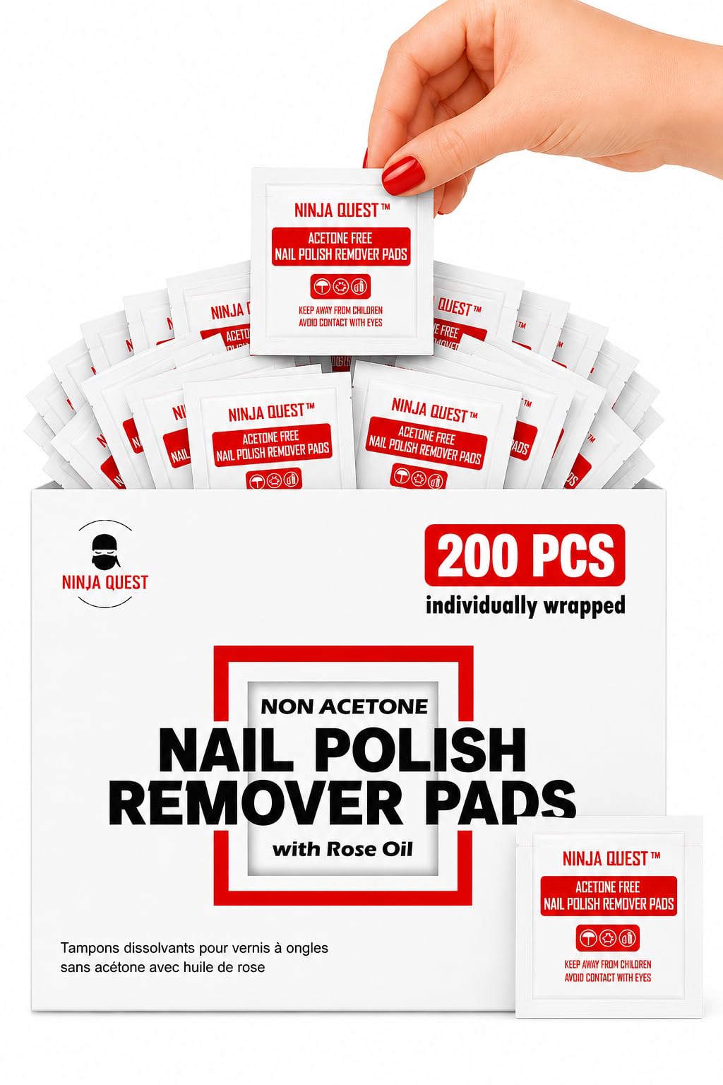 Nail Polish Remover Pads 100% Non Acetone - 200 Pack of Individually Wrapped Bulk Set Gel Nail Polish Remover Wipes - Fingernail Travel Kit to Clear