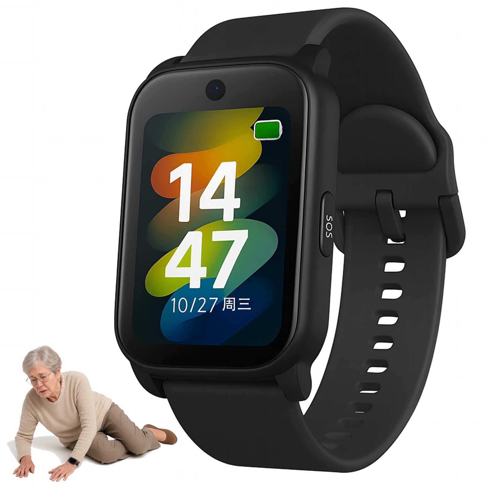 GPS Smartwatch für Senioren mit Sturzerkennung, SOS Notruf, HD Videoanruf, IP67 Wasserdicht – GPS Tracker für Demenz- und Alzheimer-Pflege,Schwarz