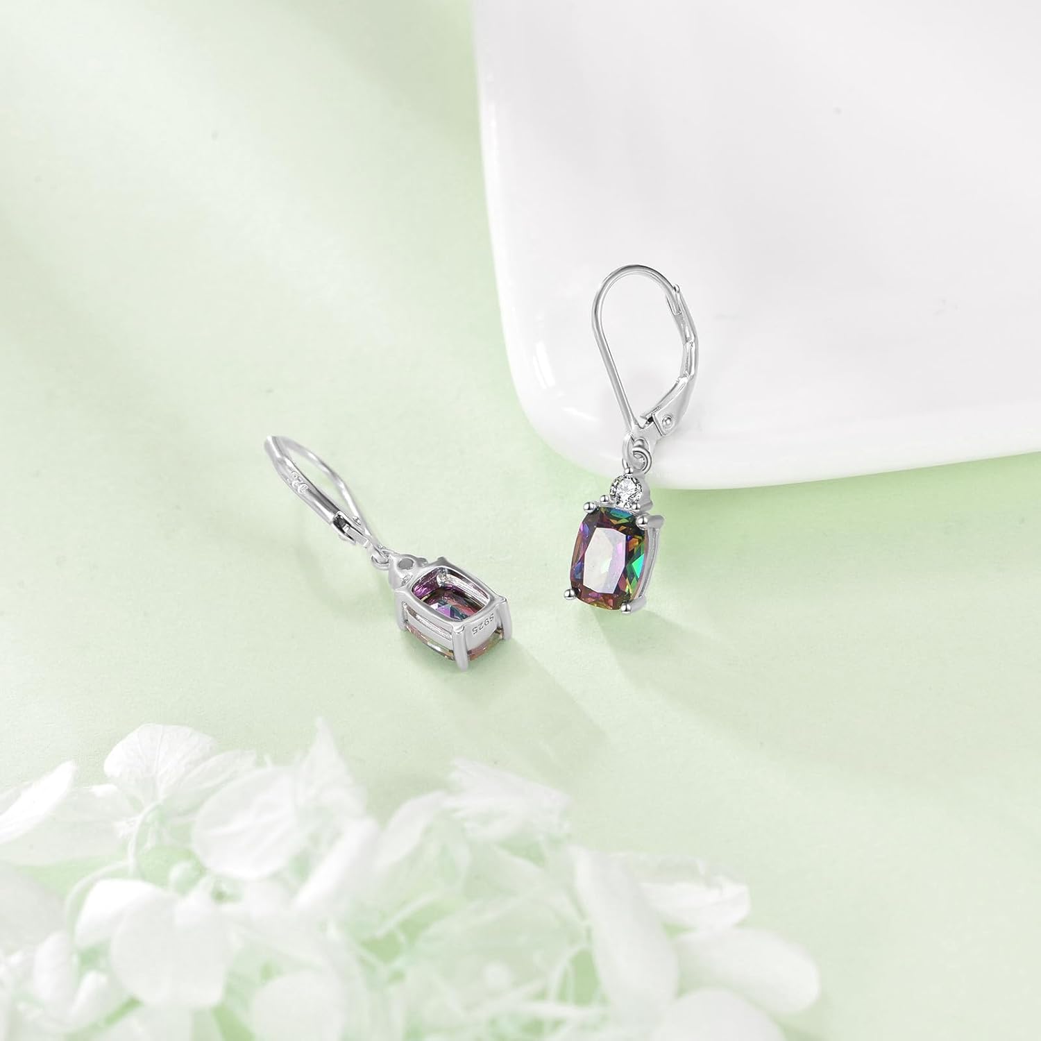 VONALA Austrian Crystal Halo Square Drop Dangle Earrings 925 Sterling Silver Mystic Topaz Dangling Leverback Earrings Jewelry Christmas Birthday Gifts for Women - Image 6