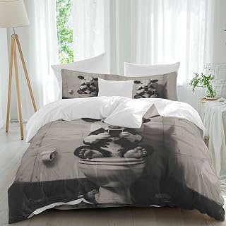 Funny Animal Comforter Set Queen Size, Dairy Cow Sitting on Toilet Playing Phone Soft Bedding Set for Man Woman, 4 Pieces Duvet Cover Set with Fitted Sheet, 2 Pillowcases