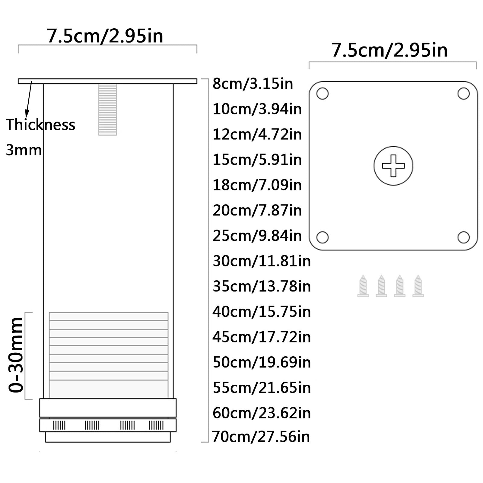4 Piezas Patas para Muebles, Regulables en Altura 0-30 mm, Pies para Armario de Acero Inoxidable, para Sofa Mesa Estantes Cama, con Tornillo, Dorado champagne (60cm/23.62in)