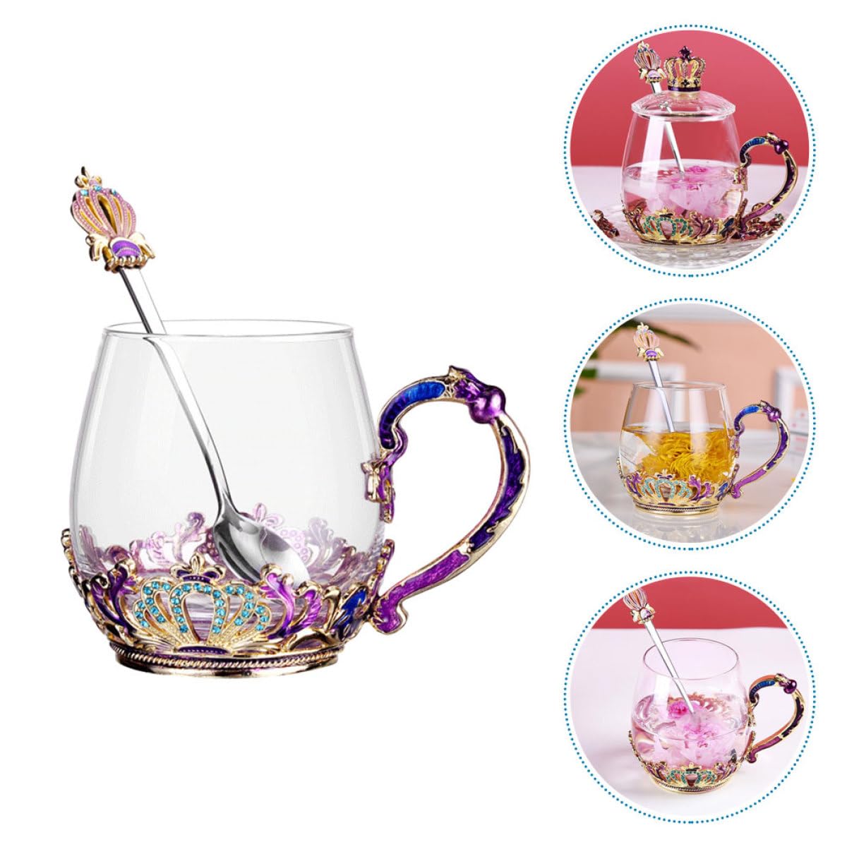 jojofuny Taza de Vidrio con Diseño Ergonómico y Resistente al Frío y Calor, Copa para Beber con Cuchara Incluida, Estilo Único Adecuado para Té y Jugos Color Aleatorio